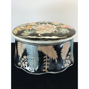 Vintage Japanese Ceramic Trinket Box with Lid Round Floral Design Decorative